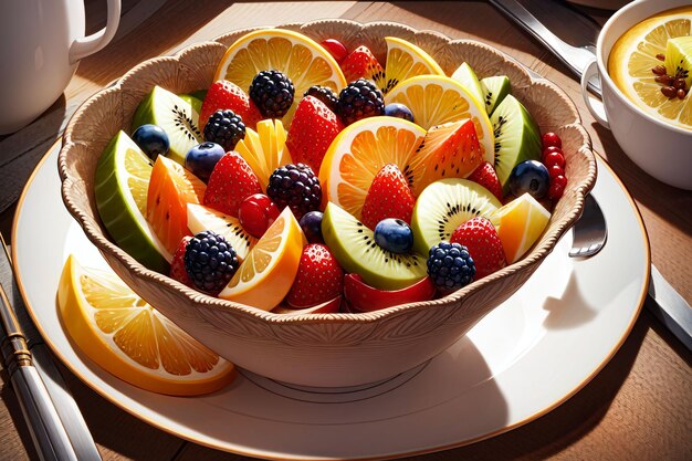 A bowl of fruit is on a table with a fork and a plate with a fork.