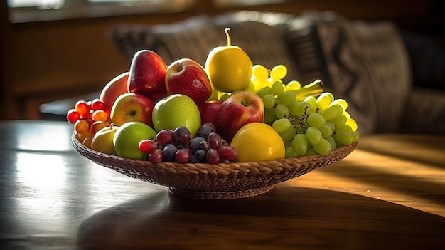 A bowl of fruit is on a table with a pillow on it.