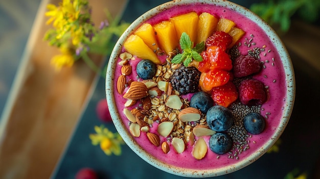 Photo a bowl of fruit and nuts has a bunch of berries on it