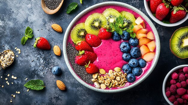 a bowl of fruit and nuts with berries and almonds