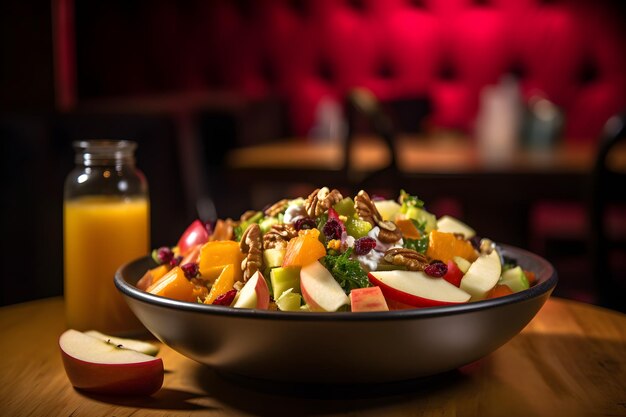 A bowl of fruit salad next to a glass of orange juice.