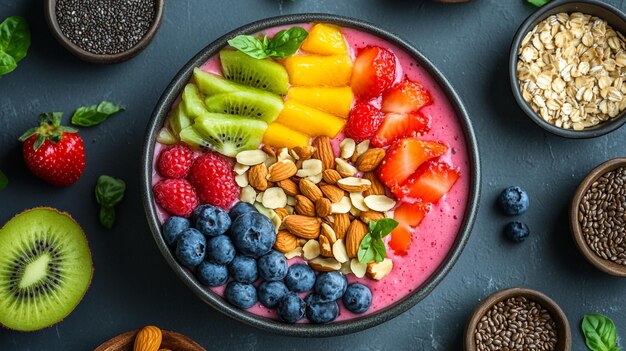 a bowl of fruit salad with almonds and kiwi