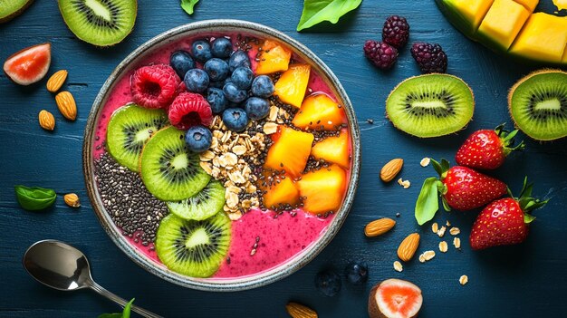 a bowl of fruit salad with berries and kiwi on a blue background