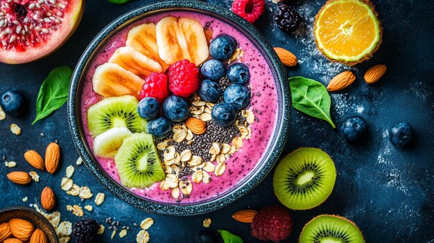 a bowl of fruit salad with berries and kiwi on the side