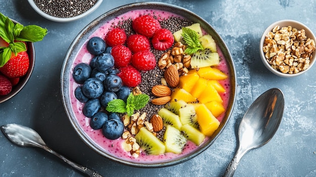 a bowl of fruit salad with berries and kiwi