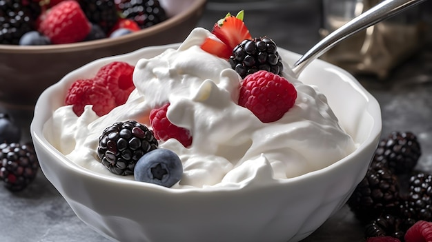 A bowl of fruit salad with berries and whipped cream