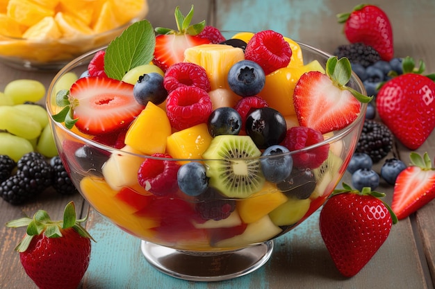 A bowl of fruit salad with a blue background