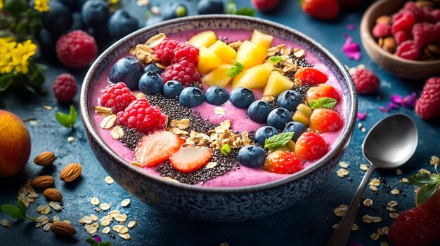 a bowl of fruit salad with fruit and berries on top of it