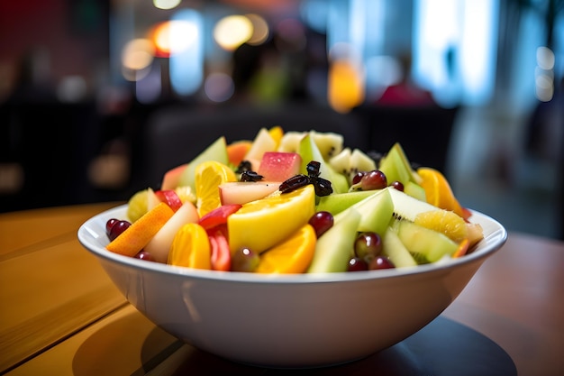 A bowl of fruit salad with a fruit salad in the background