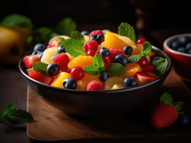 A bowl of fruit salad with a mint leaf on the side generative ai