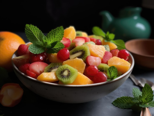 A bowl of fruit salad with a mint leaf on the side generative ai