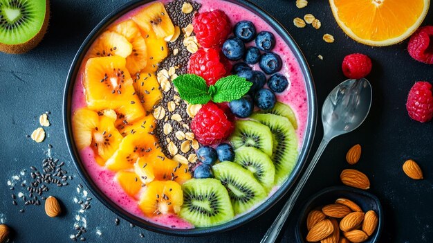 a bowl of fruit salad with a spoon next to it with a bowl of fruit