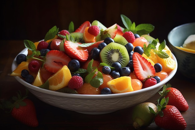 A bowl of fruit salad with a strawberries and kiwi