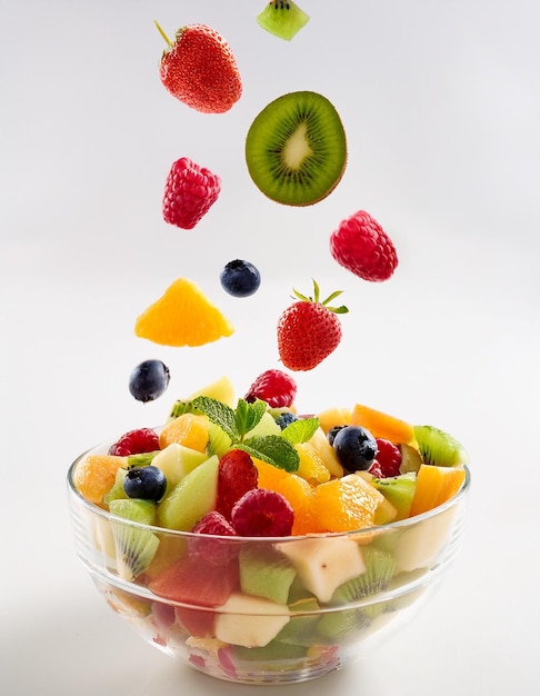 Photo a bowl of fruit salad with a strawberry and kiwi on it