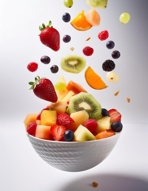 a bowl of fruit salad with a white bowl of fruit