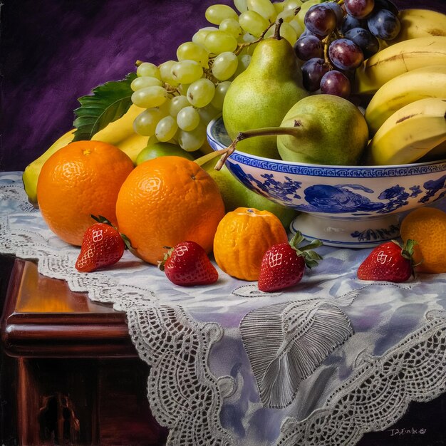 a bowl of fruit sits on a table with a bowl of bananas and oranges