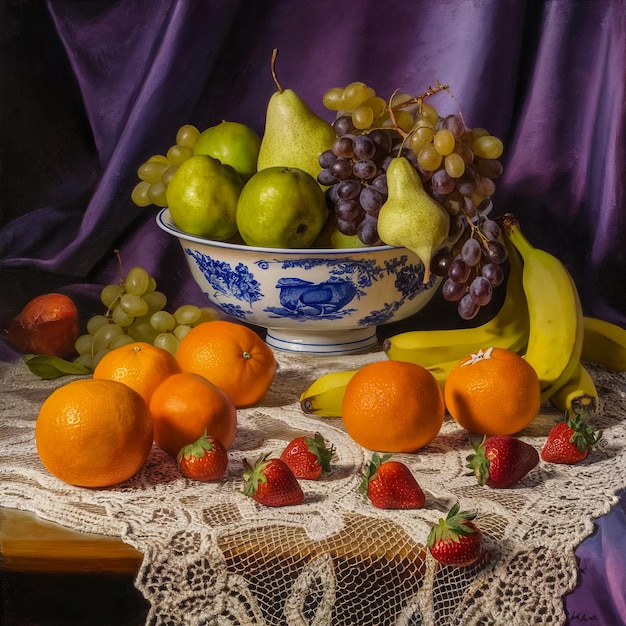 Photo a bowl of fruit sits on a table with a bowl of fruit