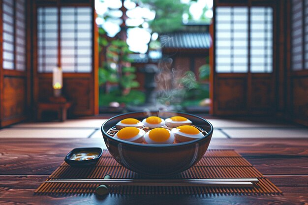 Photo a bowl of fruit sits on a table with a spoon and a spoon