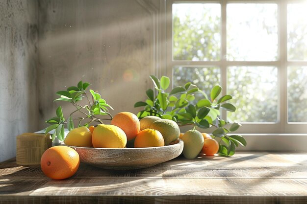 Photo a bowl of fruit sits on a table with a window behind it