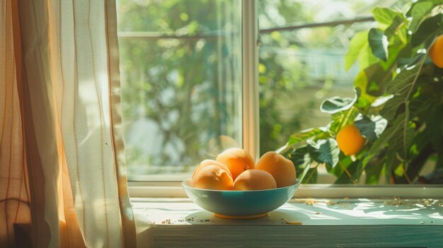 Photo a bowl of fruit sits on a window sill with a window behind it