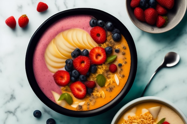 A bowl of fruit smoothie with a bowl of yogurt and a bowl of fruit on the side.