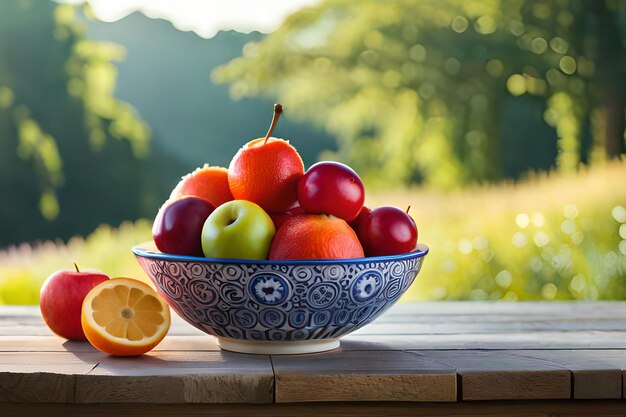 A bowl of fruit on a table with a blurred background