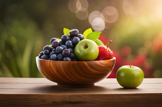 A bowl of fruit on a table with a green apple in the background