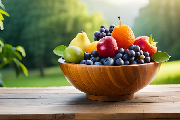 A bowl of fruit on a table with a green background