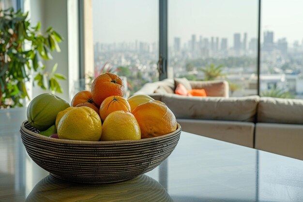 Photo a bowl of fruit on a table with a view of a city