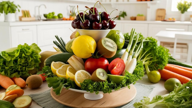 a bowl of fruit and vegetables on a table with a white background