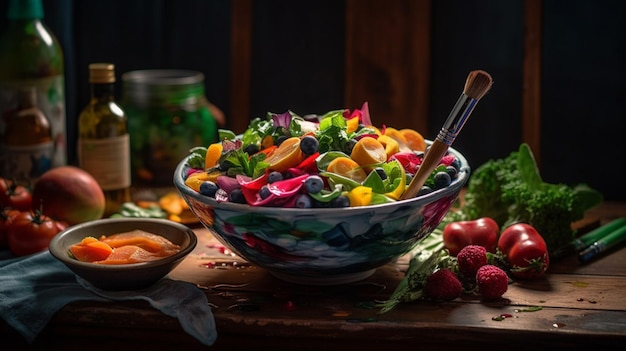 A bowl of fruit and vegetables on a table