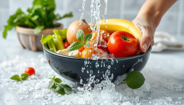 Photo a bowl of fruit and vegetables with a person holding a bowl of fruit