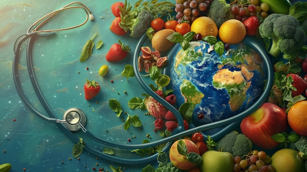 a bowl of fruit and vegetables with a world on the bottom