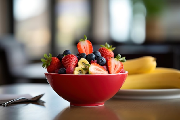 A bowl of fruit with a banana on the side