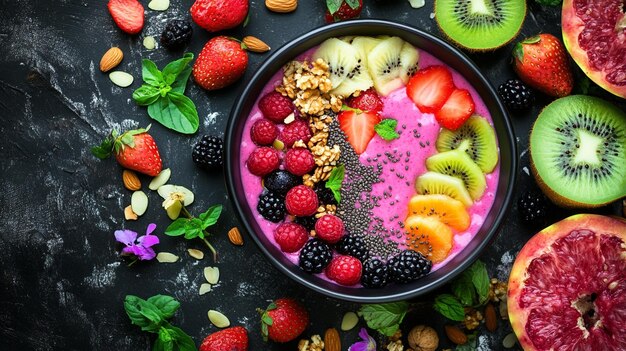 Photo a bowl of fruit with berries and bananas on it