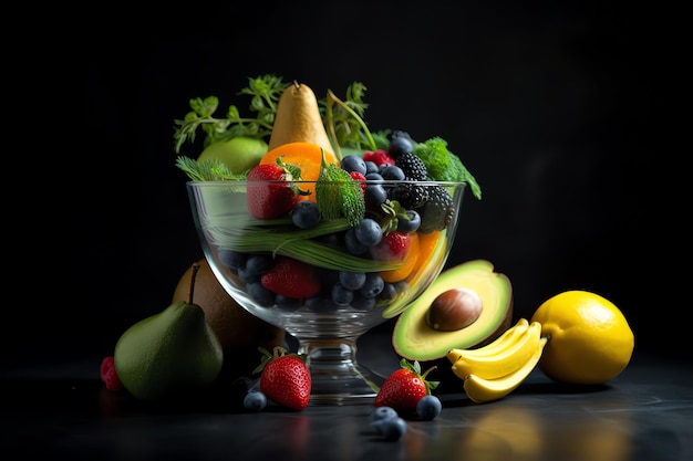 A bowl of fruit with a black background