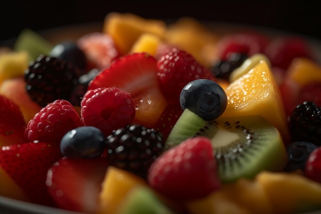 A bowl of fruit with a black background