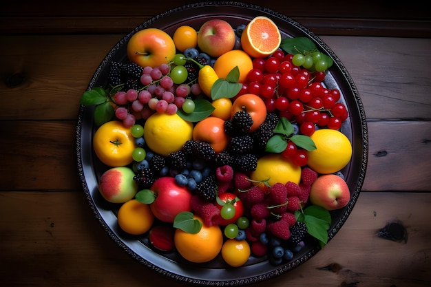 A bowl of fruit with a black plate