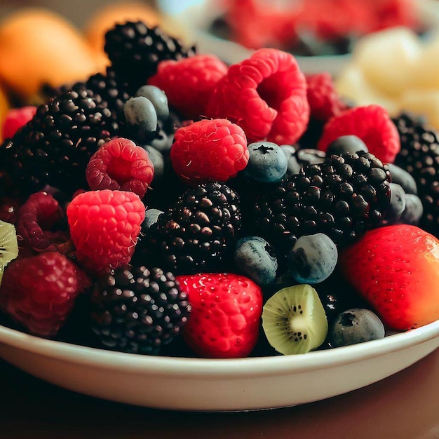 A bowl of fruit with blackberries and kiwis in it.