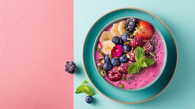 Photo a bowl of fruit with a blue bowl of fruit on the table