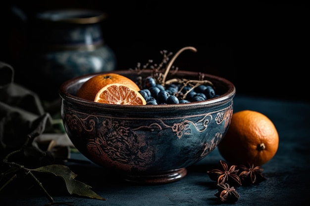 A bowl of fruit with blue grapes and oranges on a table.