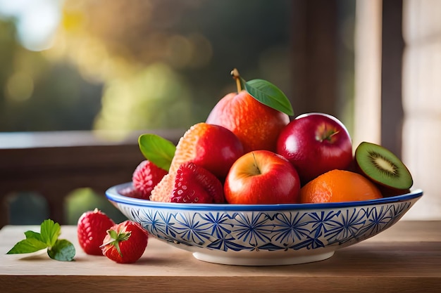 A bowl of fruit with a blue rim and a white rim.