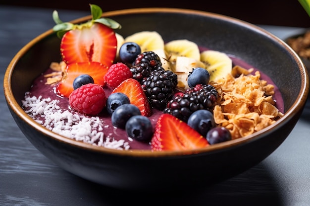 a bowl of fruit with a bowl of cereal and raspberries