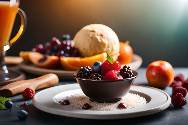 A bowl of fruit with a bowl of fruit on it