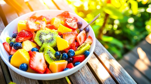 Photo a bowl of fruit with a bowl of fruit on a wooden table