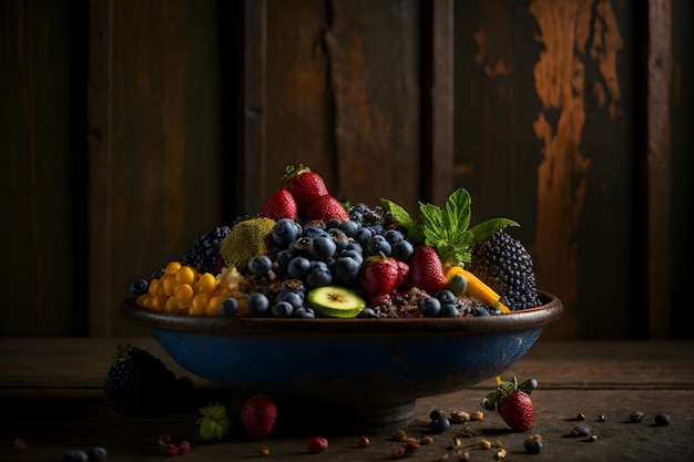 A bowl of fruit with a bunch of berries on the table