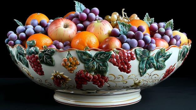 a bowl of fruit with a bunch of grapes on it