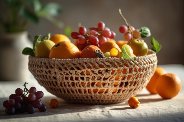 A bowl of fruit with a bunch of grapes in it