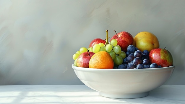 a bowl of fruit with a bunch of grapes in it