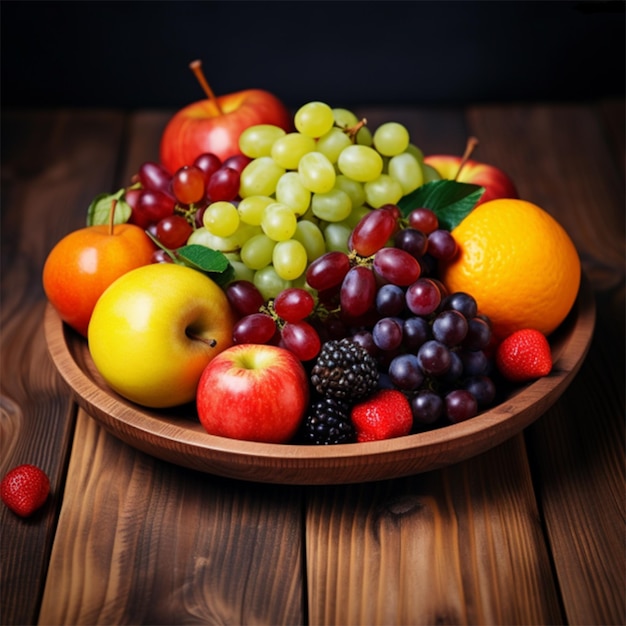 A bowl of fruit with a bunch of grapes and oranges